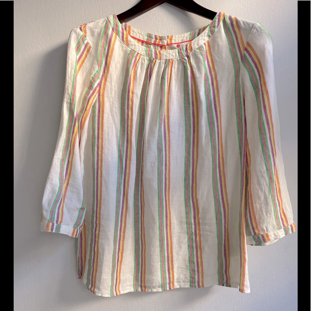 Boden White Striped Peasant Blouse with Pink, Green & Orange Stripes
